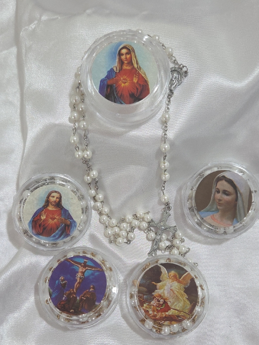 Classic Pearl Rosary Necklace with Religious Medallions - White